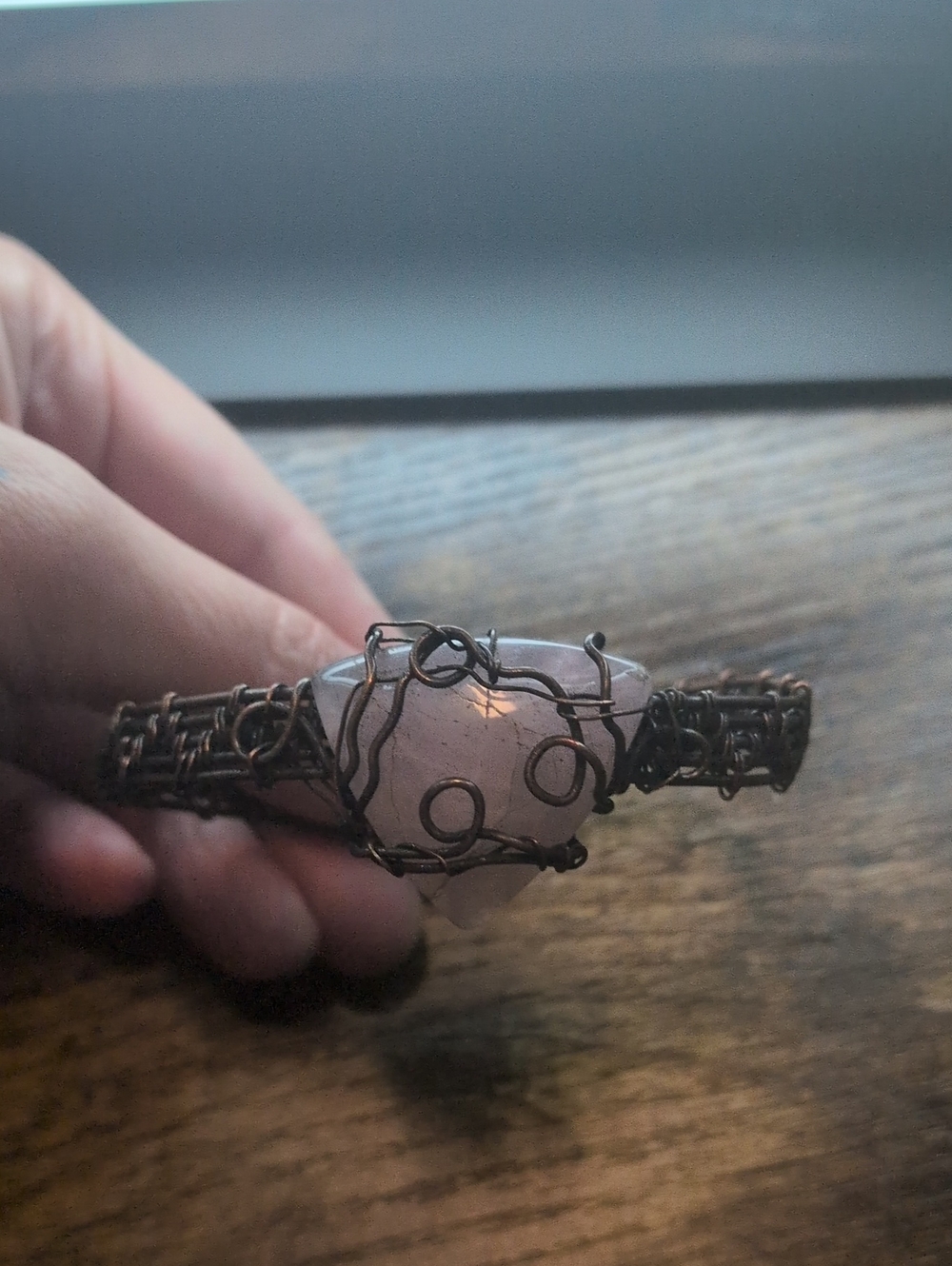 Handcrafted Rose Quartz Wire-Wrap Bracelet - Pink